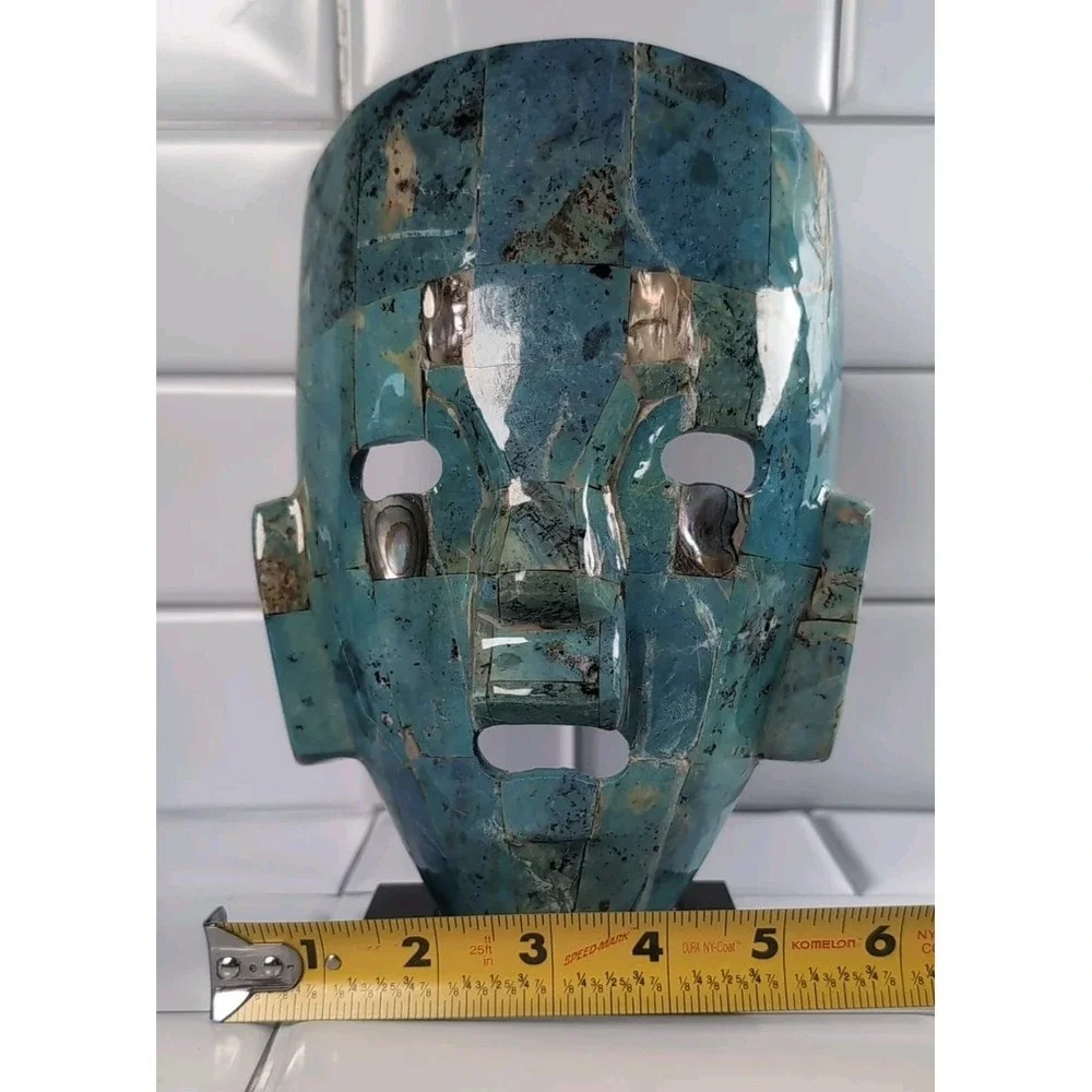Vintage Art Sculpture Abalone Shell Pearl Mayan/Aztec Mask Blue Turquoise Displa